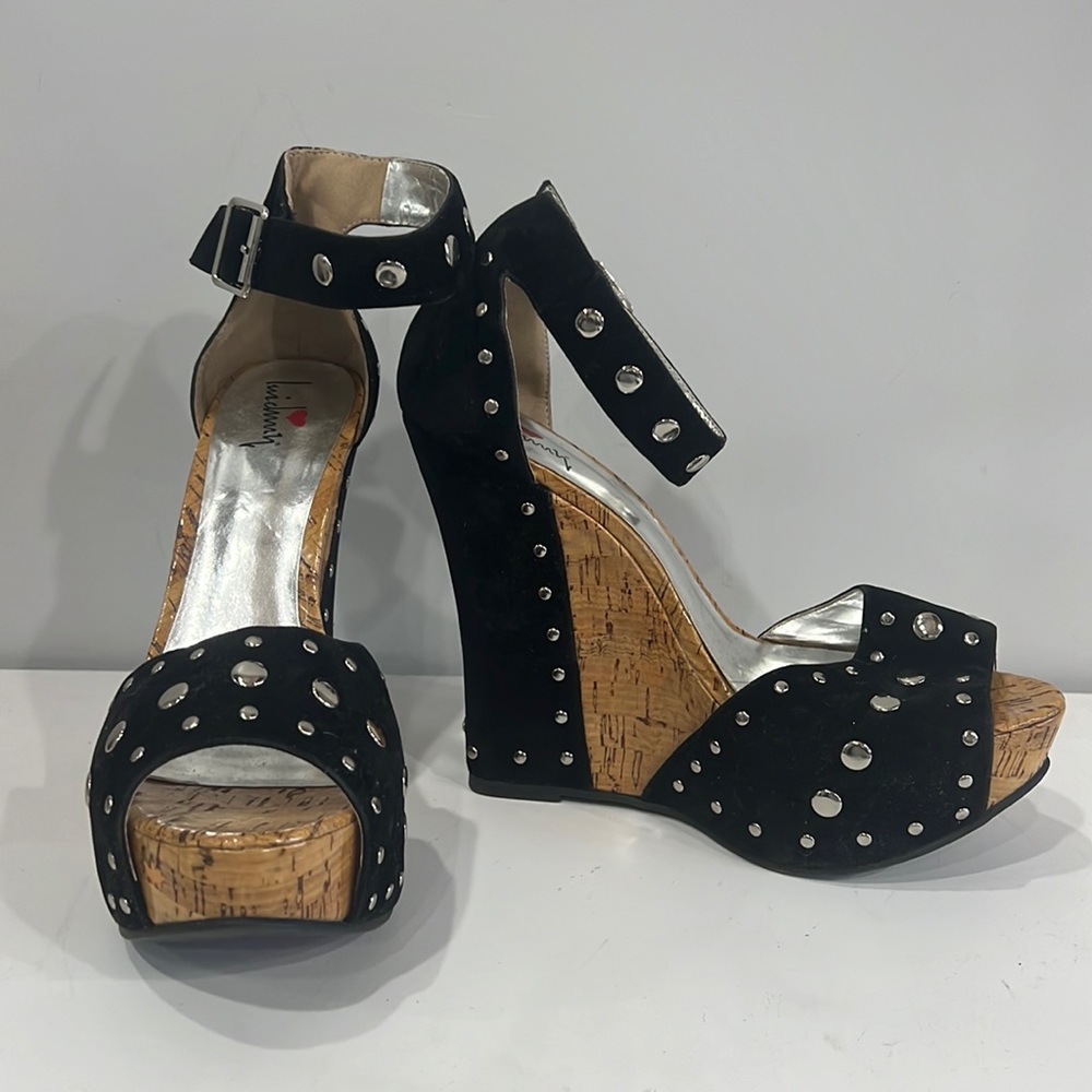 Black Faux Suede Silver Studded High-Wedge Sandal w/Ankle Strap. Heel height 5.5